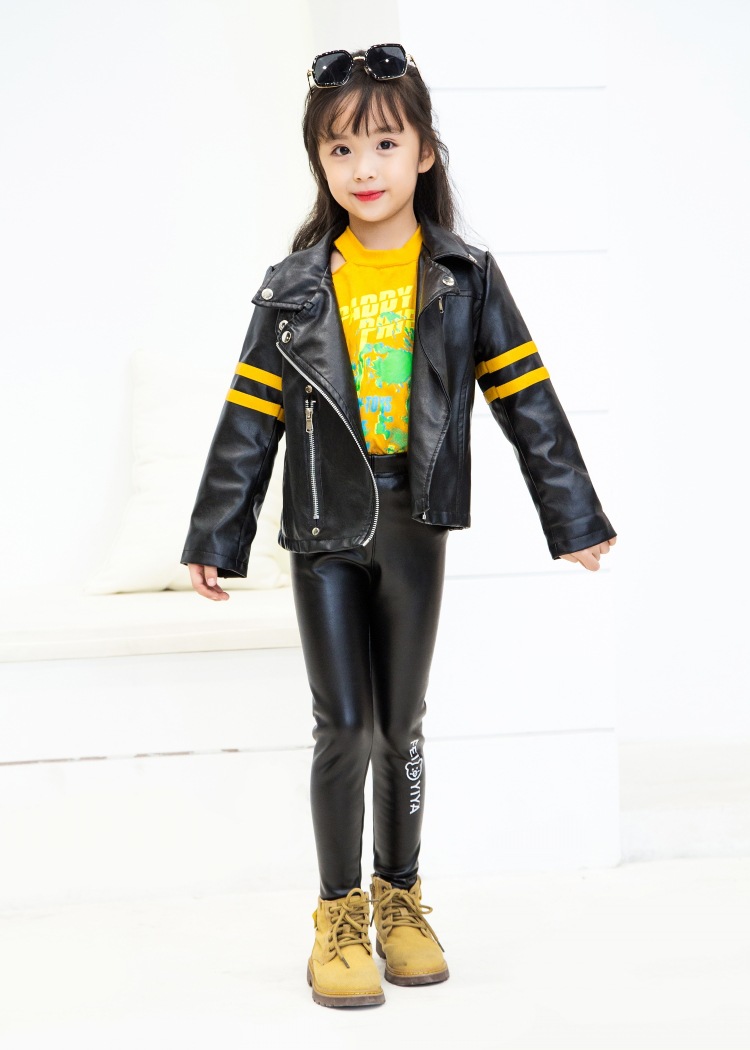 2020童裤秋冬加绒刺绣小熊卡通印花女童pu皮裤儿童修身弹性打底裤