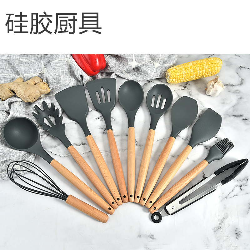 Kitchen Beech Handle Silicone Kitchenware Set Kitchen Utensils 9-Piece Set Cooking Spoon and Shovel Set