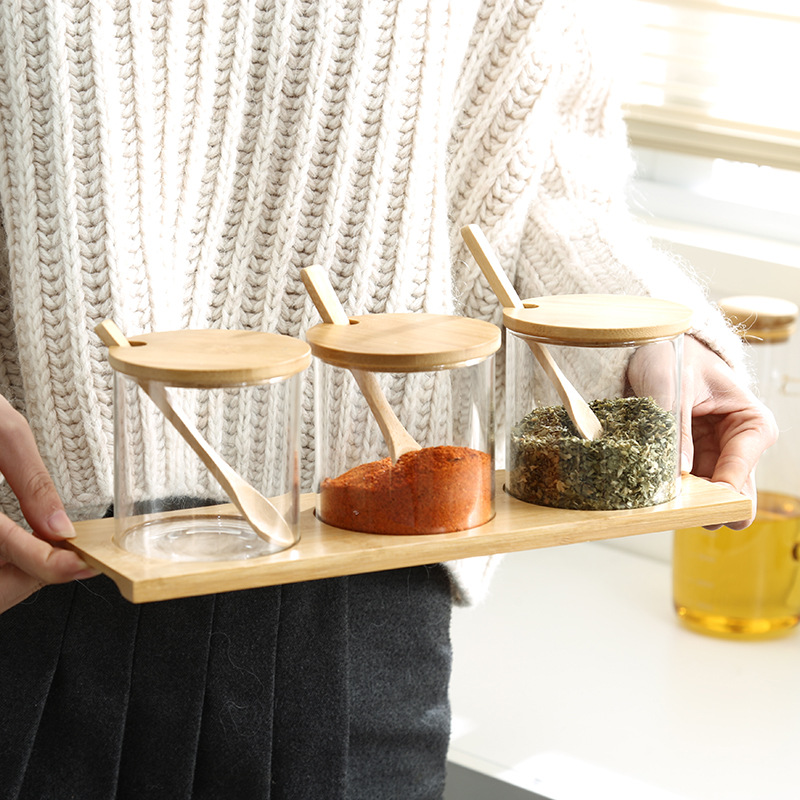 Kitchen Supplies Seasoning Containers Condiment Dispenser Glass Three-Piece Suit Household Combination Bamboo Tray Oil and Salt Seasoning Box