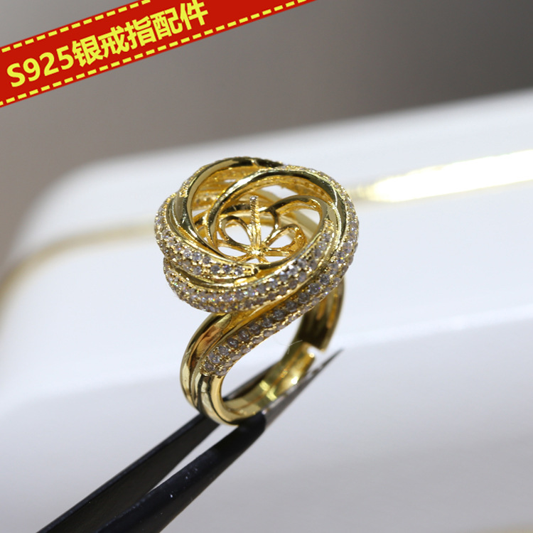 diy配件 微锆石镶嵌s925纯银珍珠戒指空托 气质指环戒托半成品