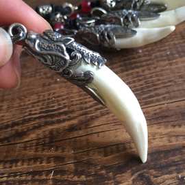 民族风新款大号鳄鱼牙吊坠招财辟邪925纯银挂饰真牙个性银饰挂链