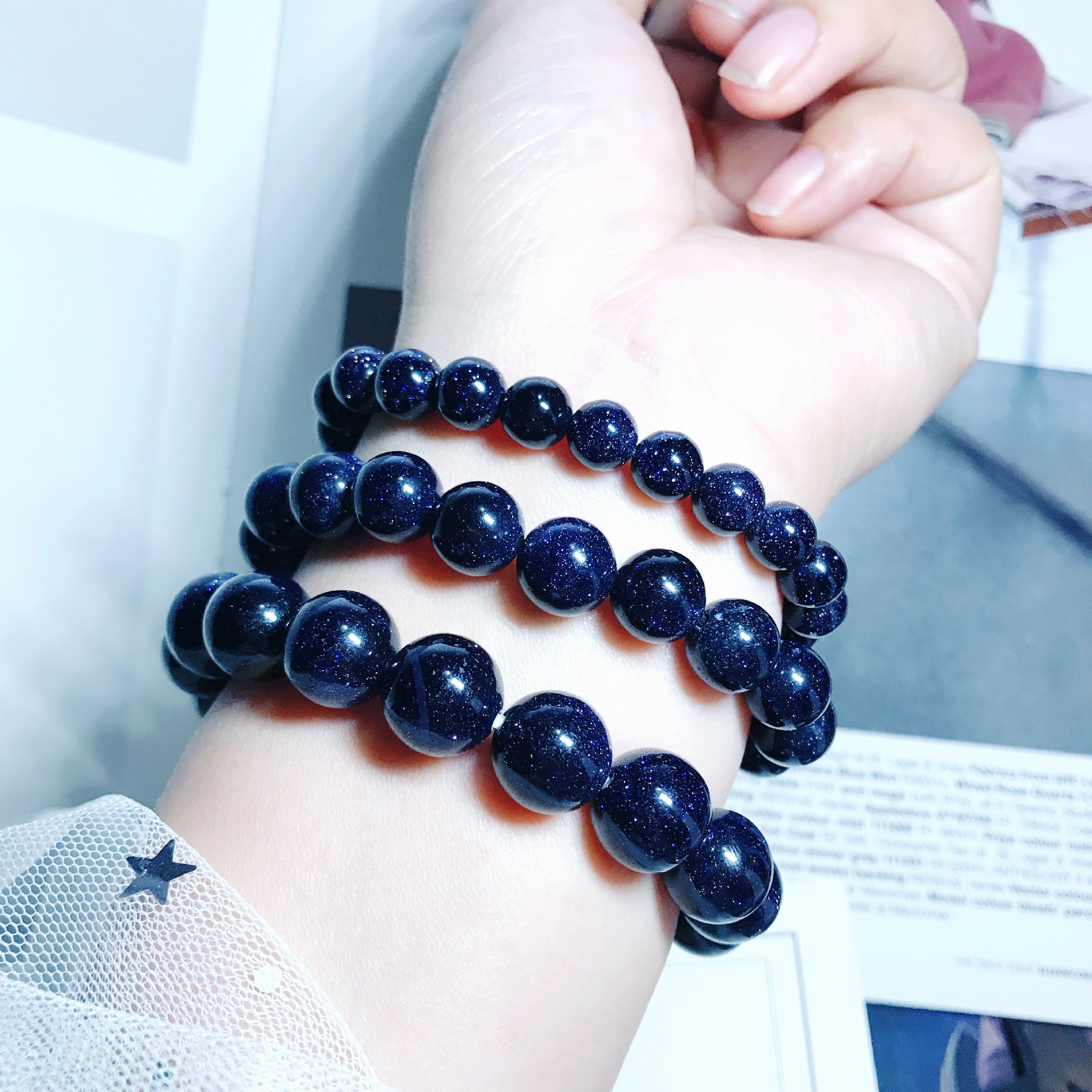 琦毅饰品天然水晶手链女星空蓝砂石手链厂家直销蓝沙石手串多规格