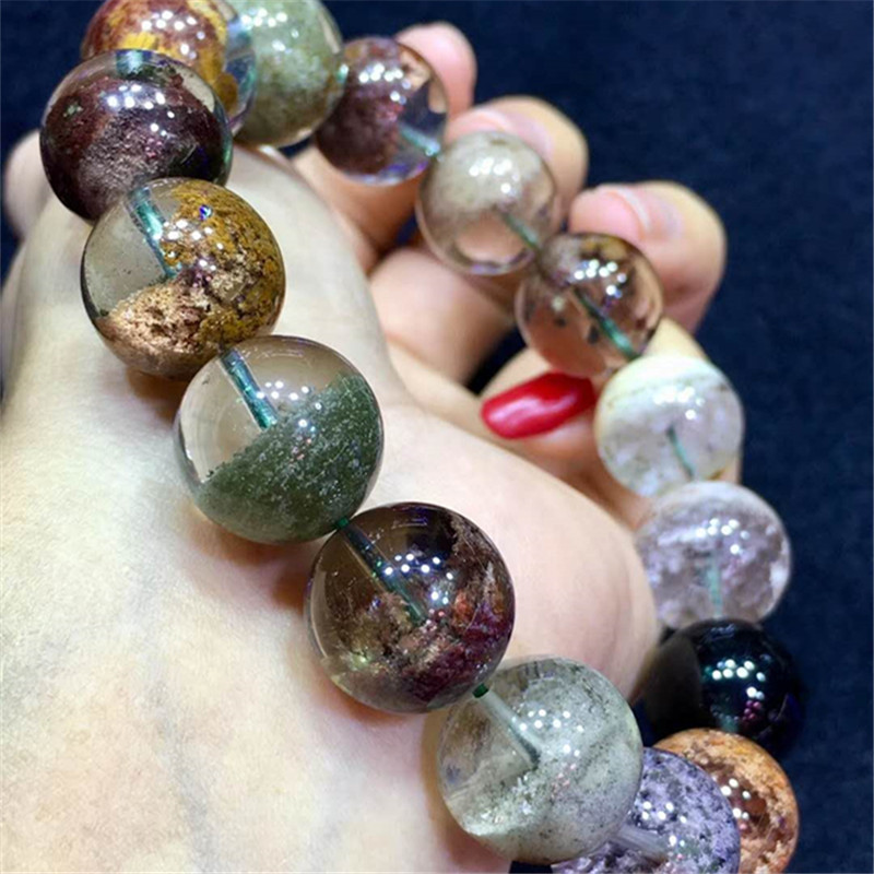 天然巴西彩幽灵男女单圈圆珠手串春夏秋冬四季彩绿幽灵聚宝盆手链