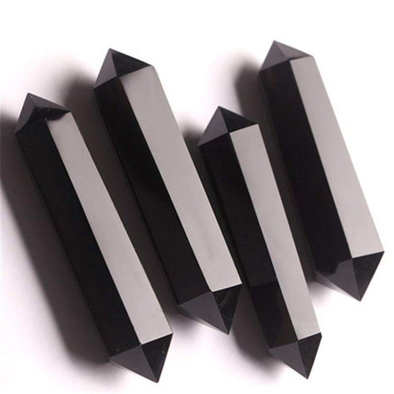 天然原石黑曜石双尖柱六棱水晶柱摆件 能量石矿石风水饰物