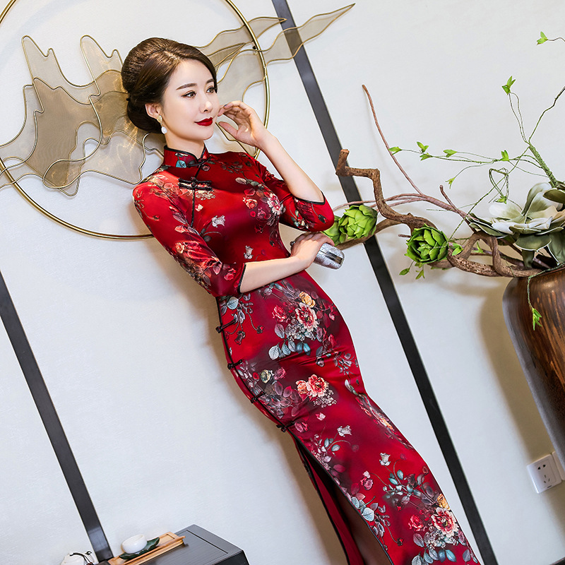 22新款秋冬中袖长款礼服真丝高端旗袍 简约时尚民国风改良旗袍裙