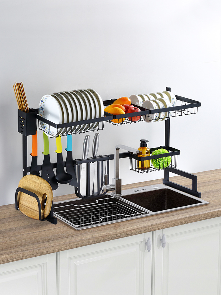 不锈钢水槽架黑色沥水架洗碗池碗筷架碟架厨房置物架2层收纳架子
