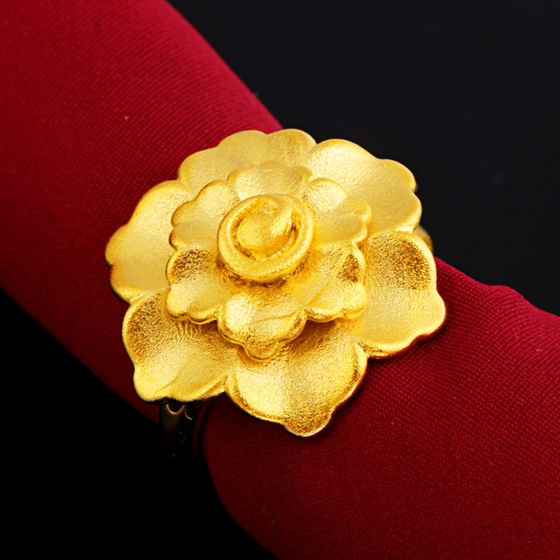 批发细磨砂镀金戒指女士 越南沙金假黄金花朵喷砂绒沙戒指女