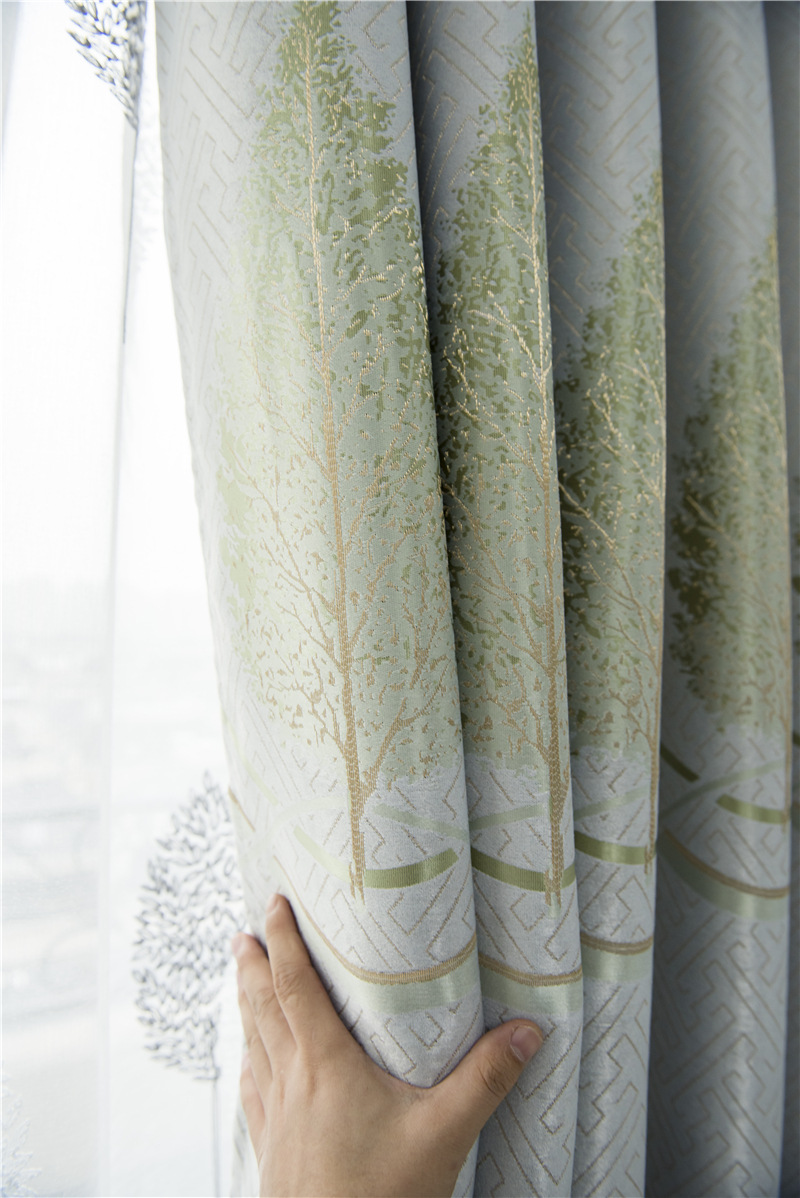 批发提花遮光窗帘布树叶飘带金丝纺提花双面布客厅卧室阳台窗帘