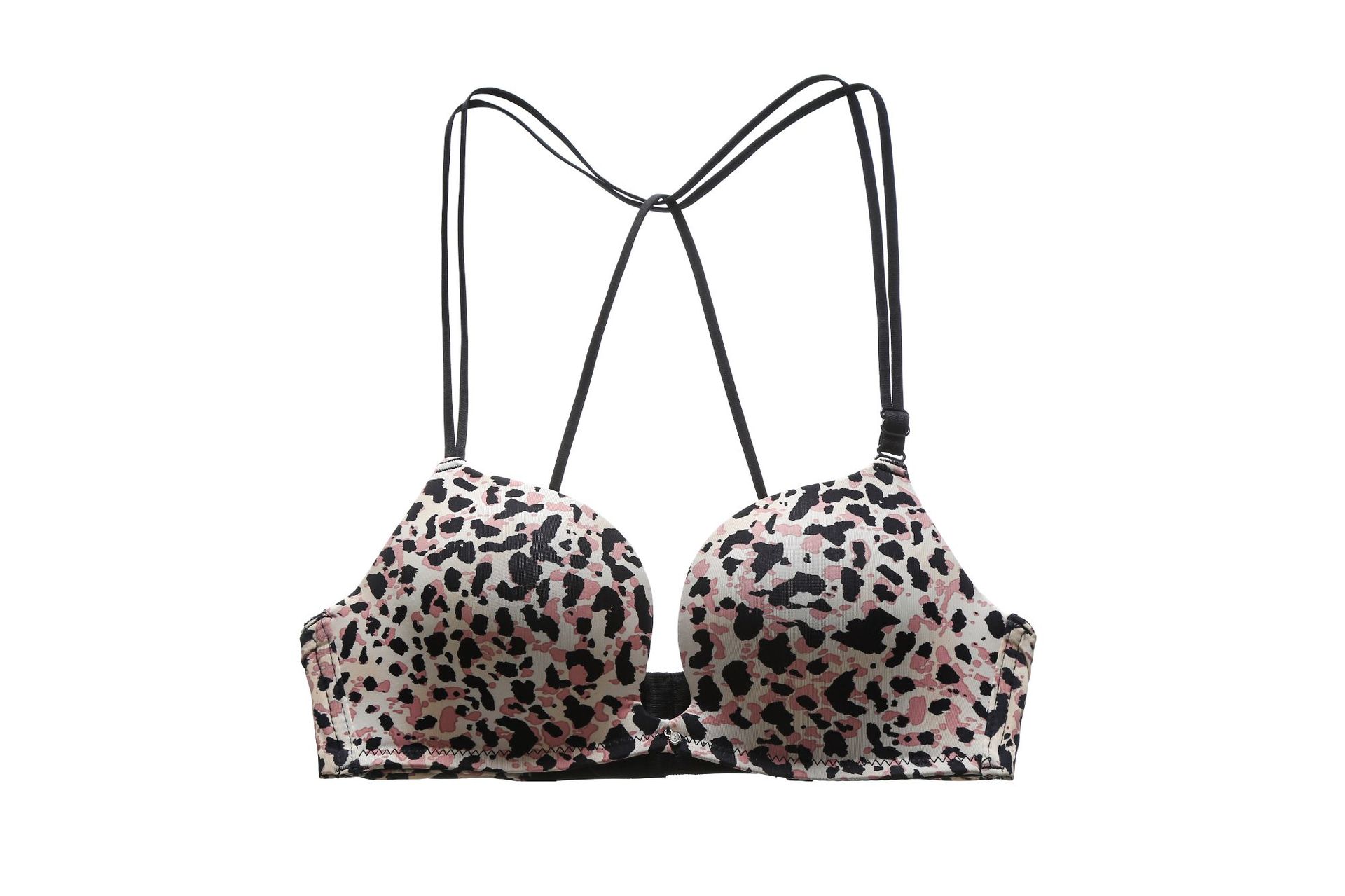 欧美简约光面豹纹性感美背无痕无钢圈内衣跨境女聚拢u型侧收文胸