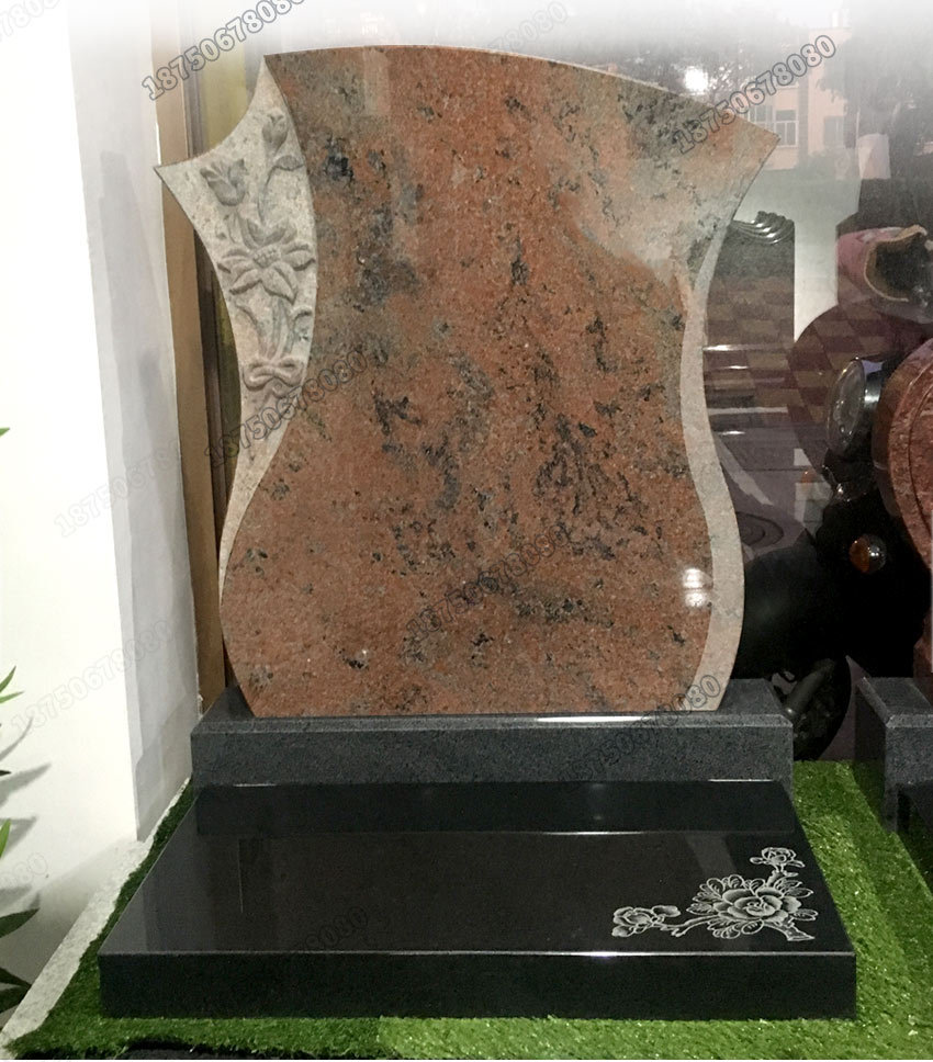 艺术火葬墓碑 幻彩红山西黑搭配 天然石材 均可定制