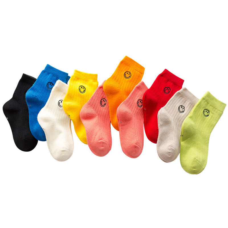 2021 Babies' Socks Children's Spring, Summer and Autumn Cotton Smiling Face Embroidery Mid-Calf Fluorescent Candy Pure Color All-Matching Children's Bunching Socks