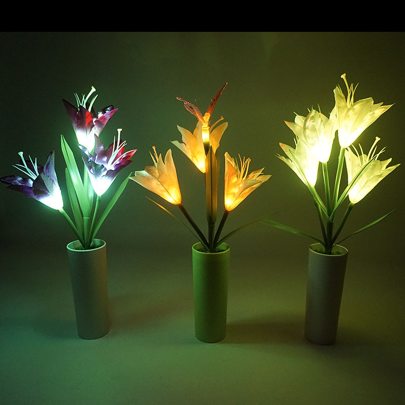 新款小百合led花灯盆栽摆件仿真花饰小夜灯室内装饰花盆植物