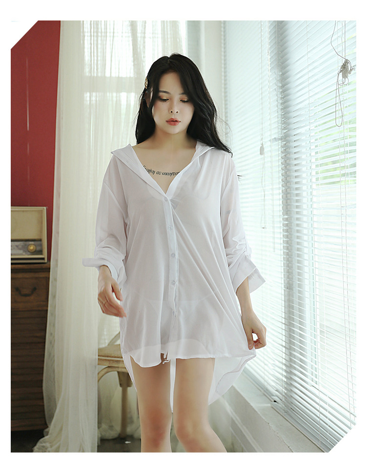 2019新款 雪纺性感睡衣女夏季长款白色衬衫情趣内衣韩版大码衬衣
