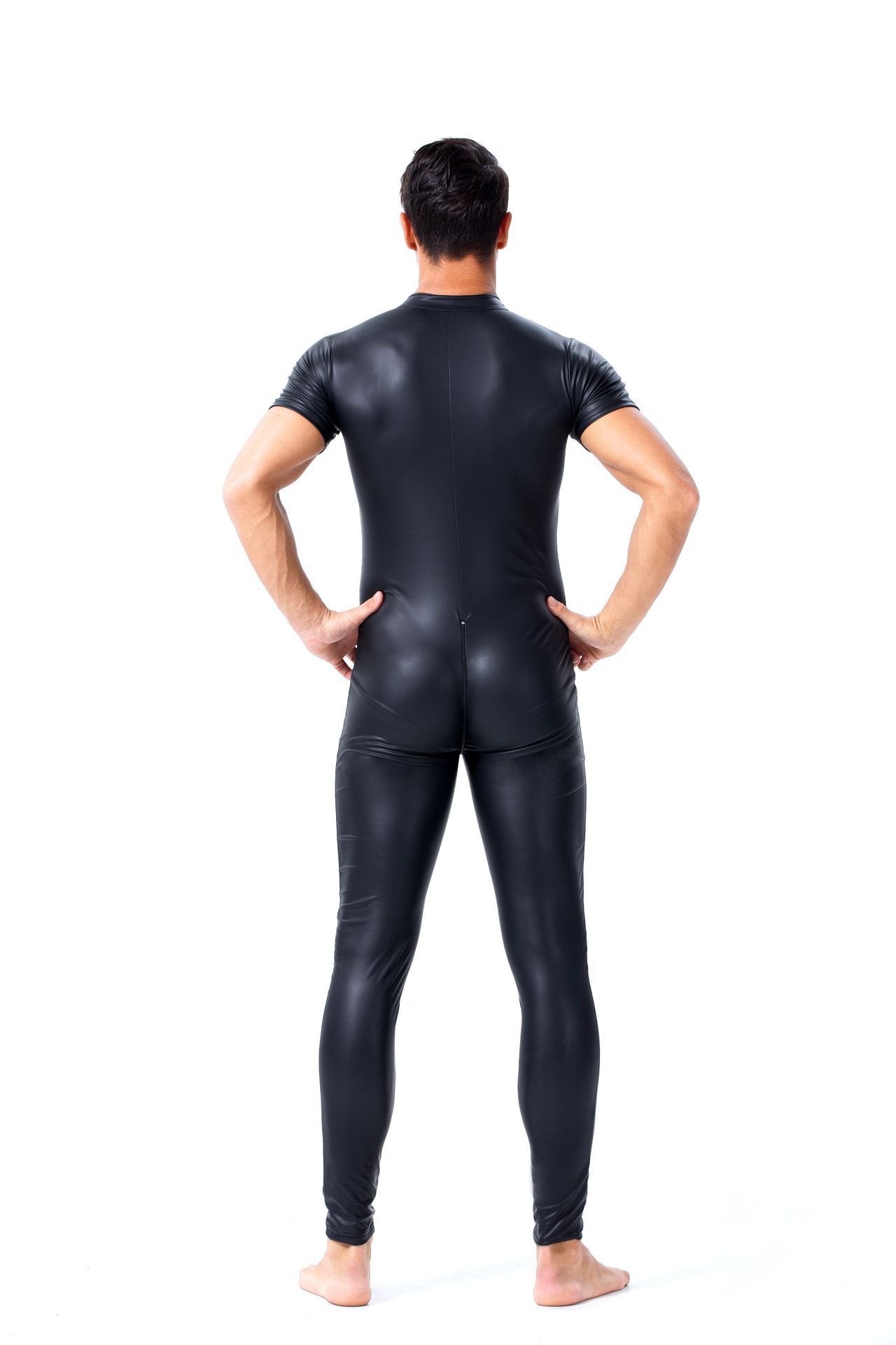 欧美性感男士开裆夜店舞台ds演出服仿皮装漆皮紧身连体衣双拉链头