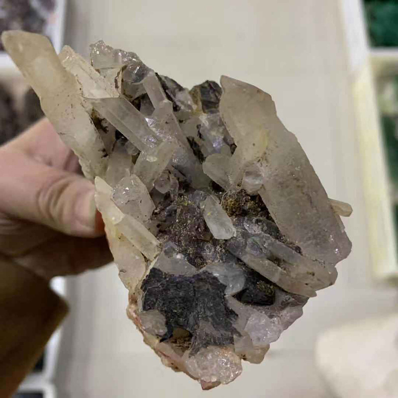 镜铁矿水晶柱共生 天然矿物晶体奇石头原石 收藏品工艺品