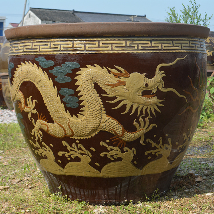 宜兴陶瓷龙凤呈祥山林花鸟图案精品鱼缸荷花缸