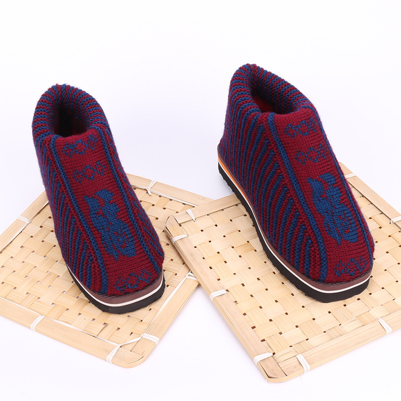 红色福字男士居家老人鸿运鞋中年大叔棉靴2019新毛线棉鞋批发厂商