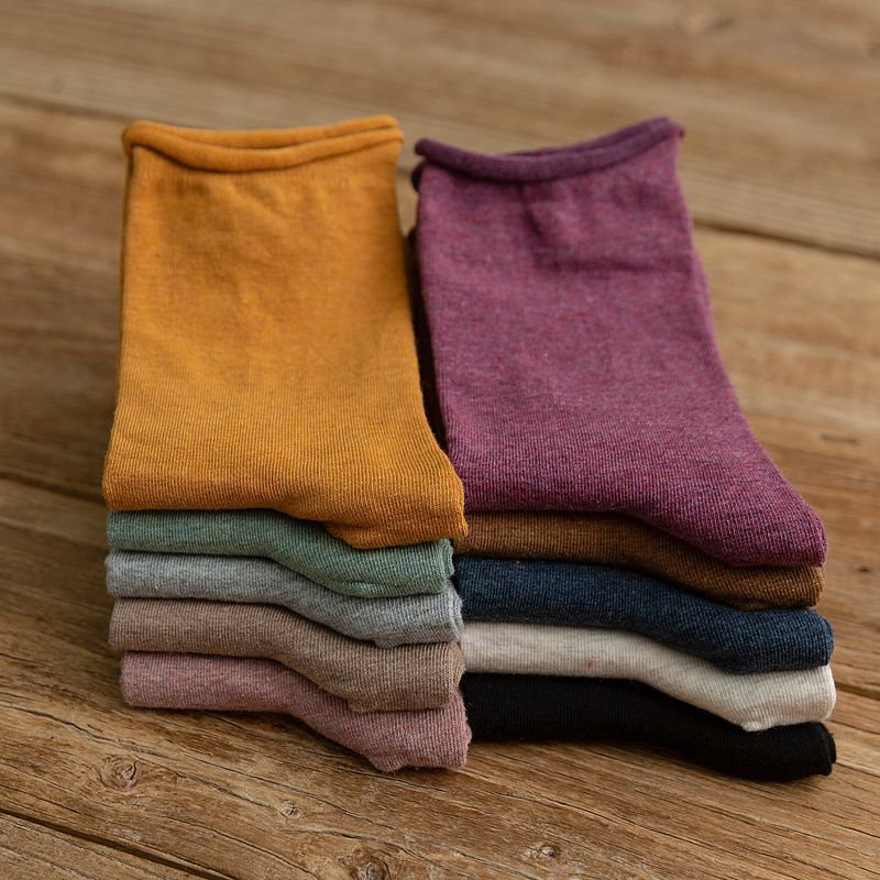 秋冬新品日系精梳棉纯色卷边松口袜子 手工缝头无骨堆堆袜 女袜