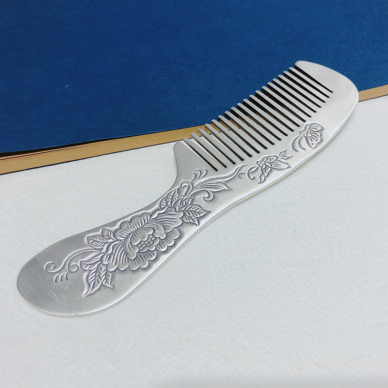 s999足银中长柄做旧磨砂面牡丹蝴蝶纯银梳子节日送礼妈妈 71克