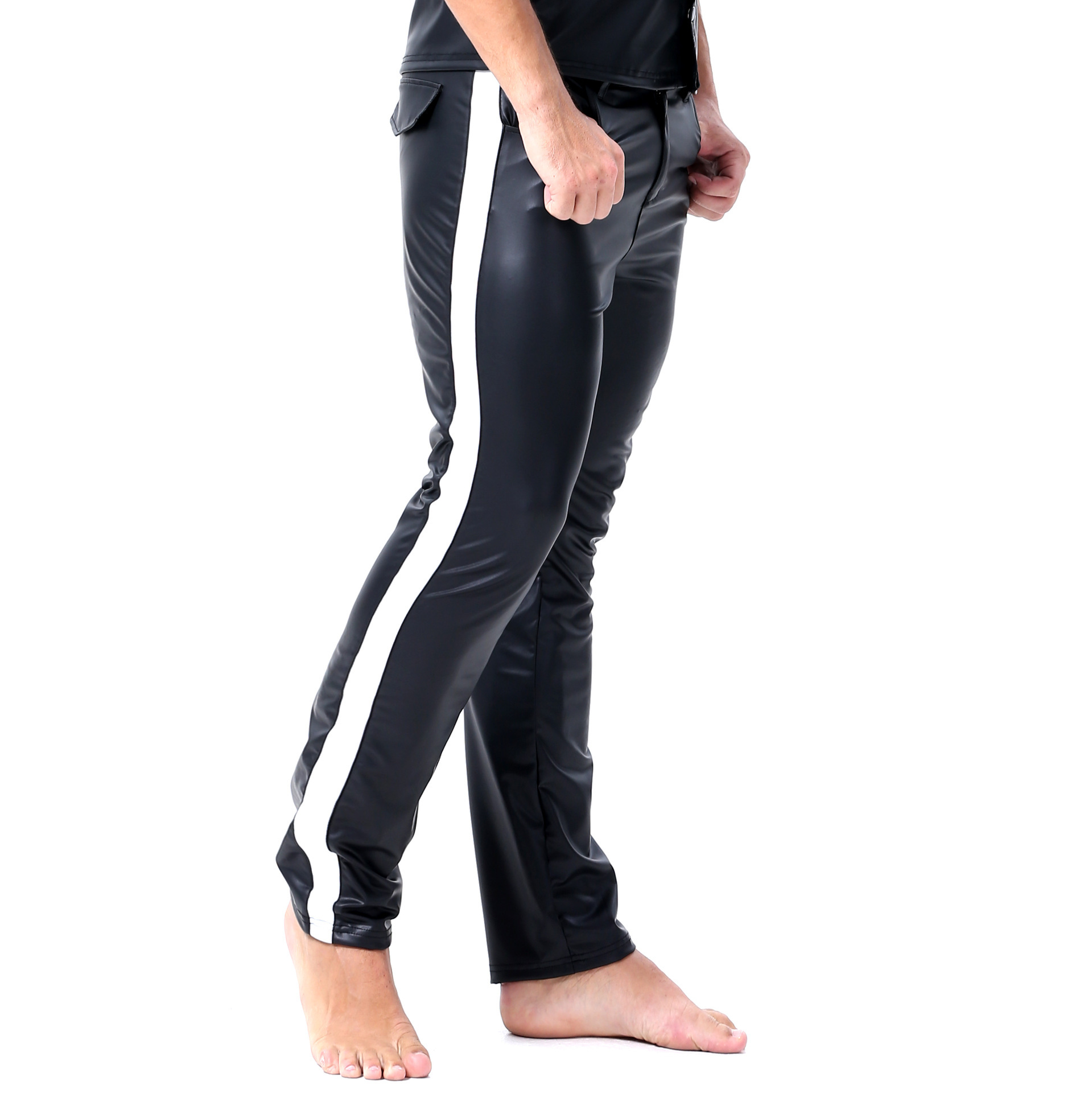 新款欧美男式情趣内衣条纹拼接男士皮质长裤紧身漆皮裤男士长裤