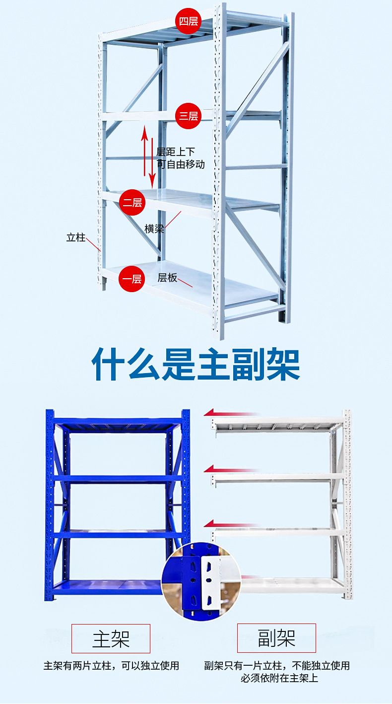 厂家批发定制 中型仓储货架 超市仓库简易四层货架组装货架