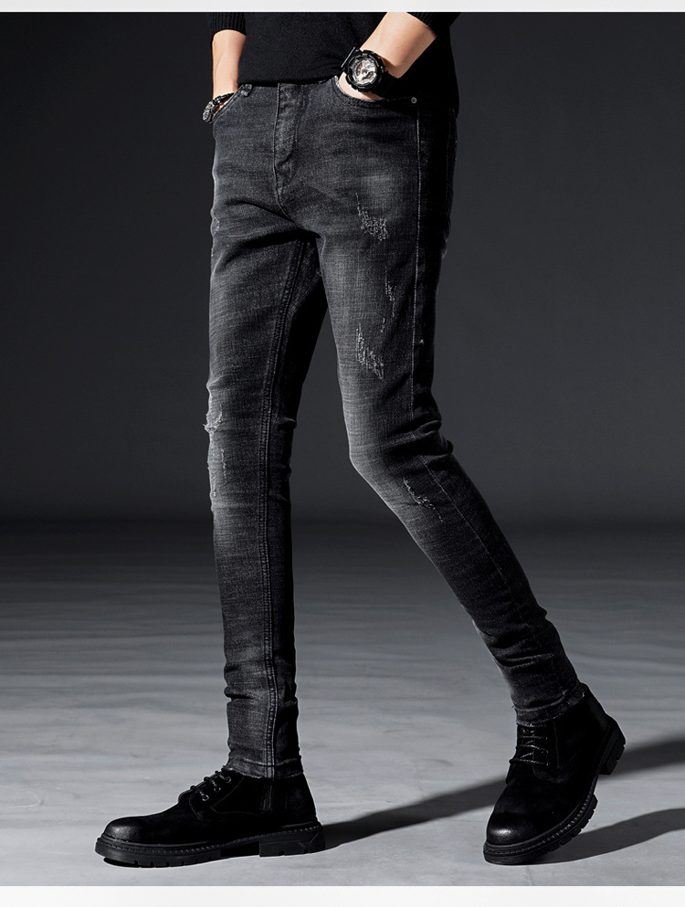 2019秋冬新款黑色牛仔裤男超酷高品质弹力修身小脚牛仔裤男款