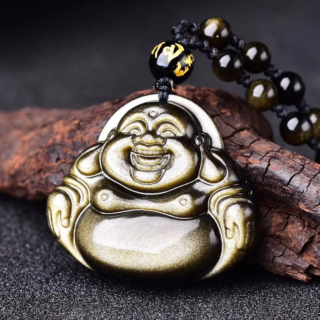 天然金曜石大肚佛笑佛吊坠 阿弥陀佛墨西哥黑曜石批发