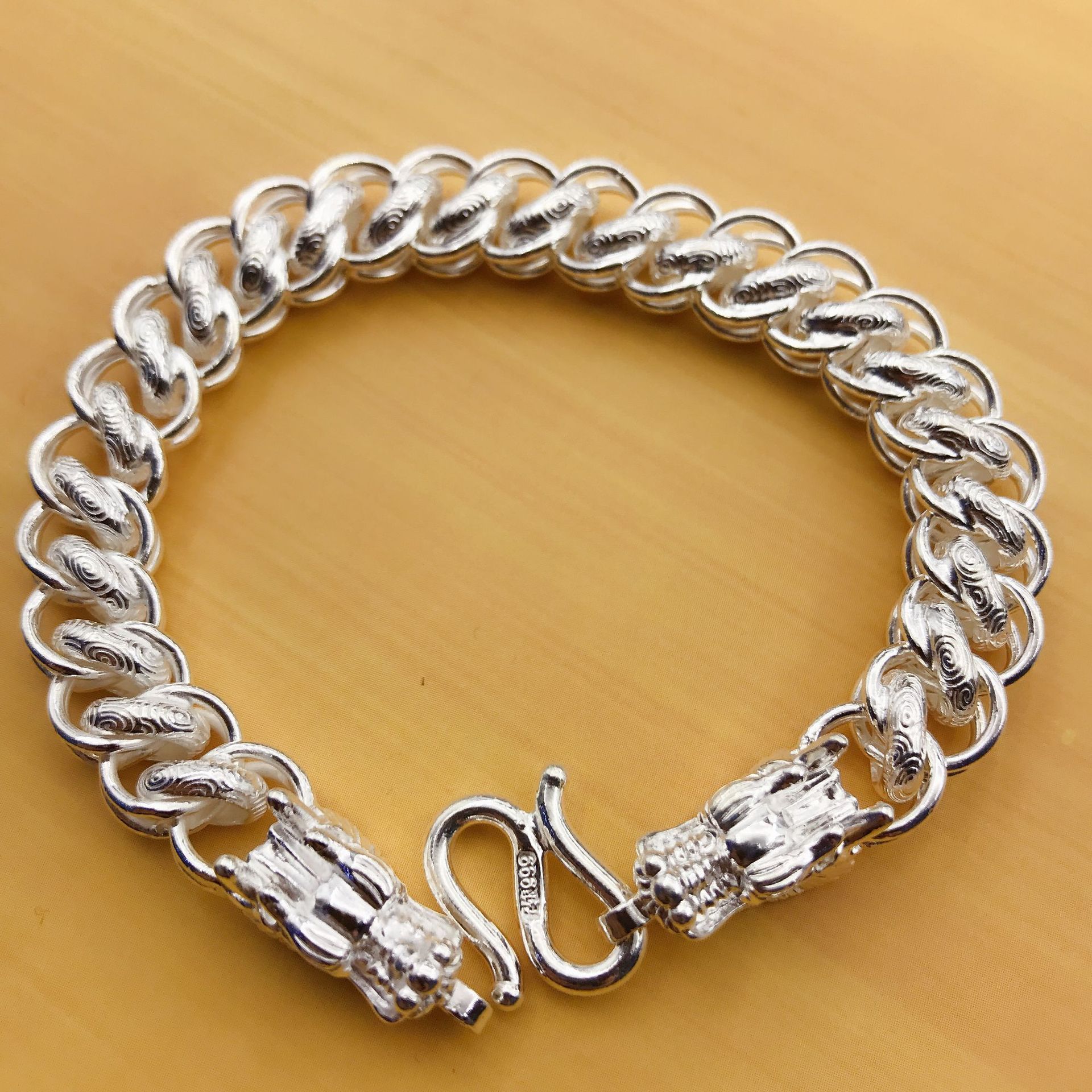 纯银999手工龙头手链 泰国手链 潮男意大利手链 男士霸气足银