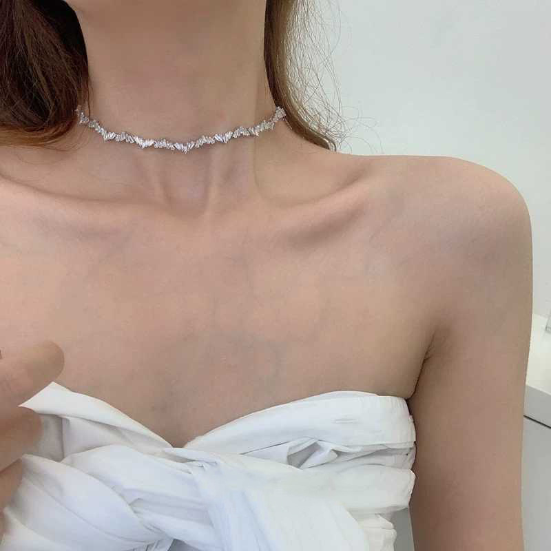 韩国时尚不规则微镶锆石曲线波浪颈链锁骨链少女网红项圈真金电镀