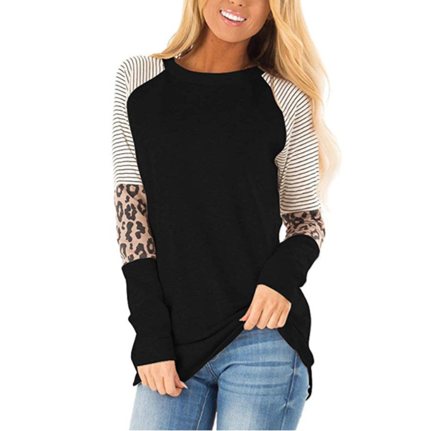 2019 Autumn and Winter New Amazon Hot Women's Leopard Print round Neck Long Sleeve T-shirt in Contrast Color