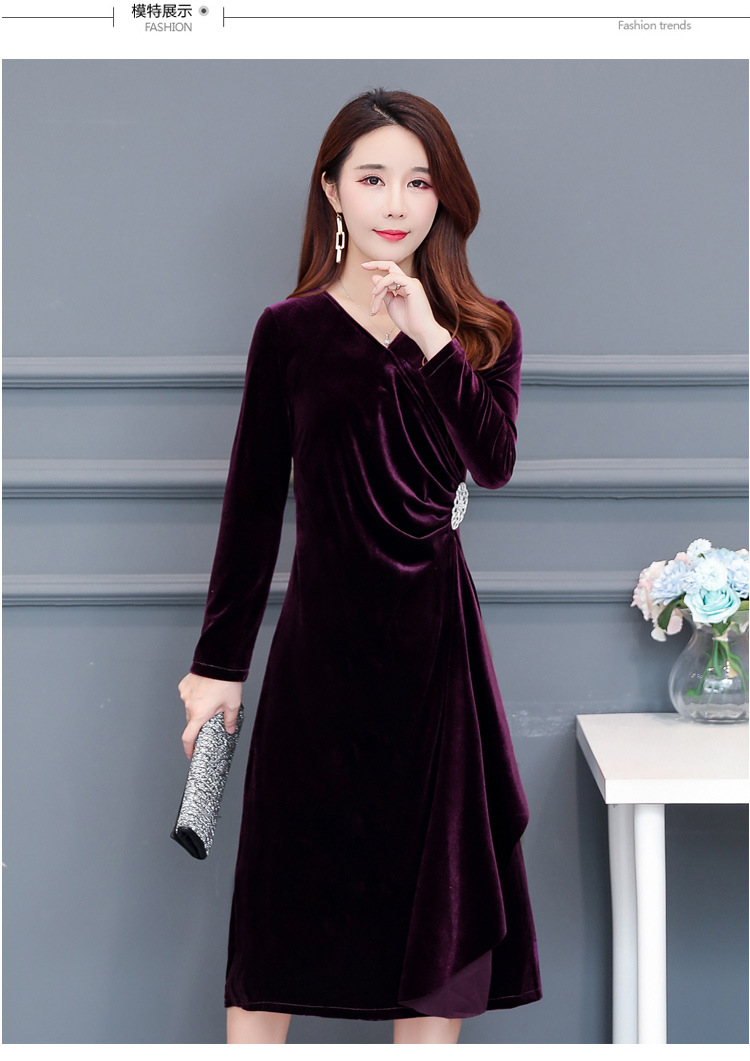 cc01012019秋冬新款气质胖mm修身连衣裙金丝绒
