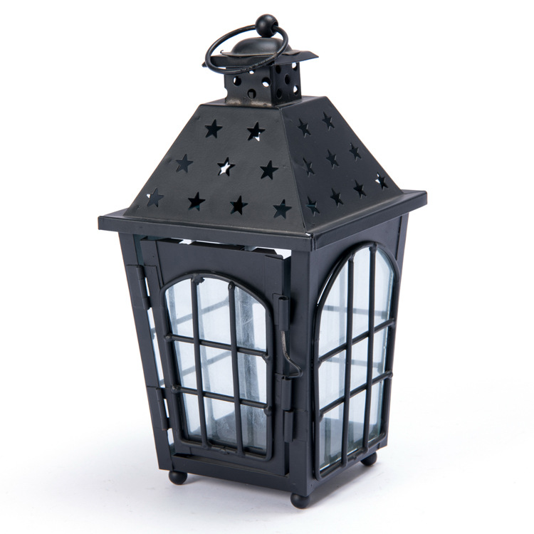 新款创意黑色房子铁艺玻璃防风灯蜡烛台庭院灯软装饰家居婚庆摆件