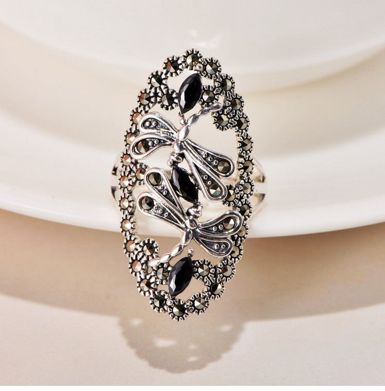小黑s925银复古泰银黑曜石蜻蜓镶嵌马克赛开口戒指女食指银饰批发