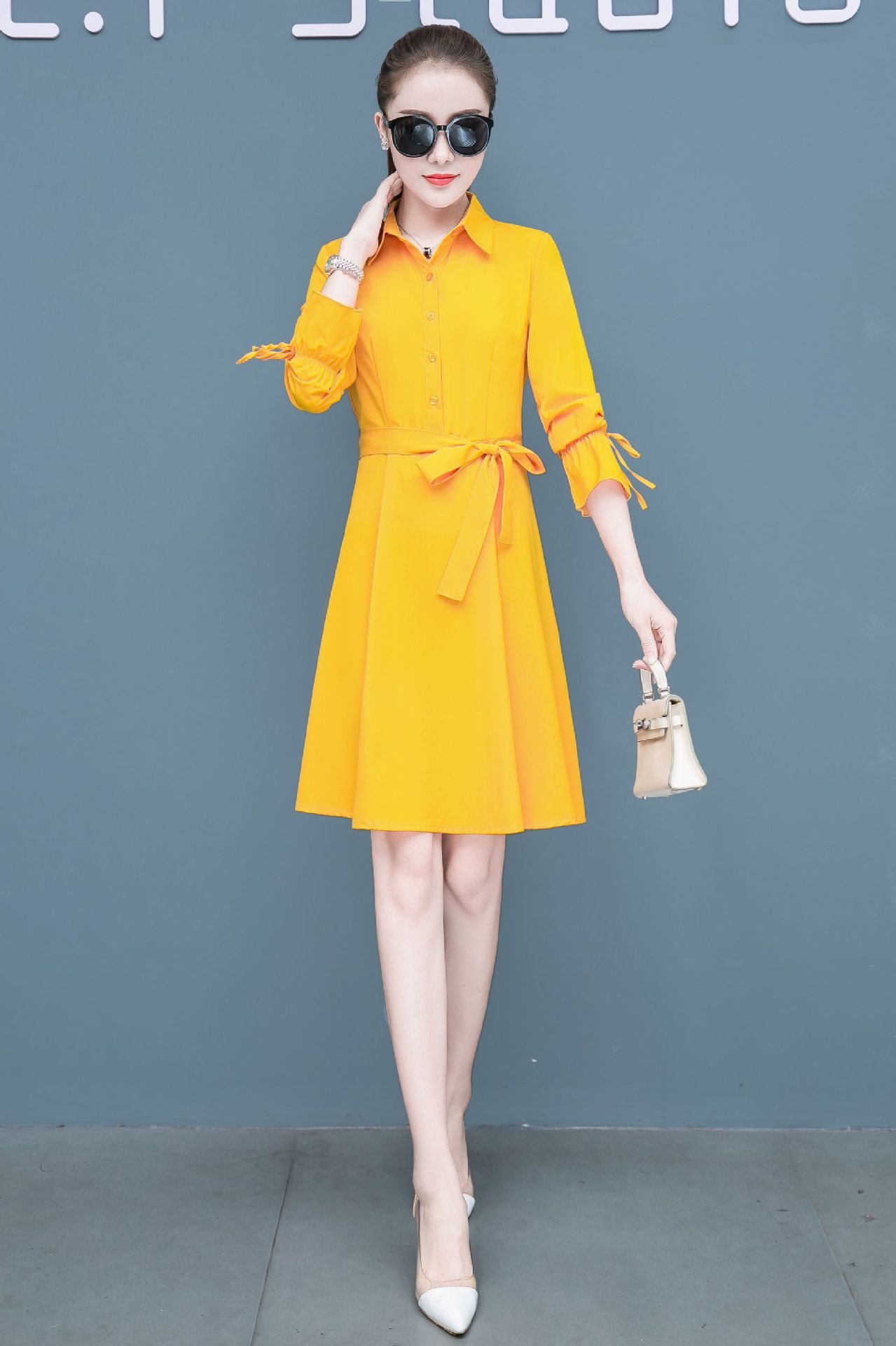 接外贸跨境订单来料加工春秋冬新款女装红色连衣裙黄色女长袖裙子