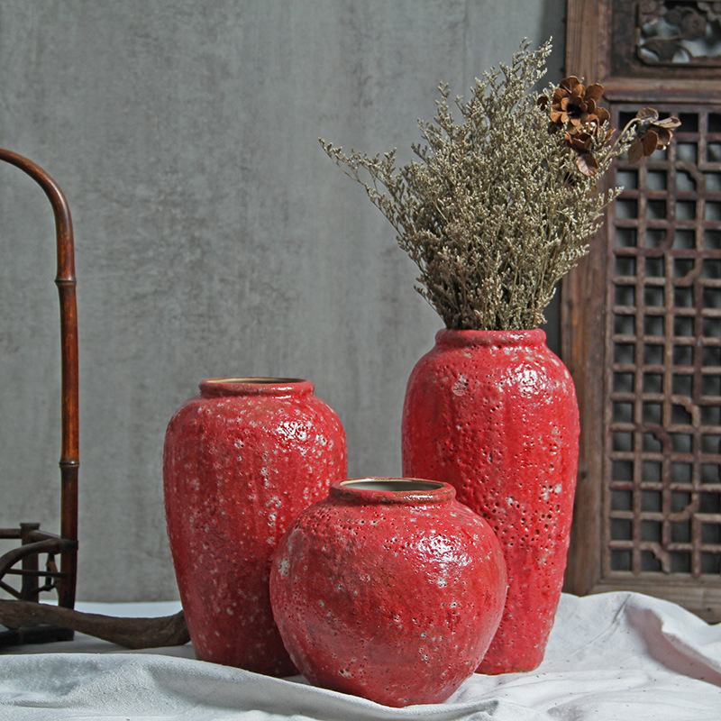 简约陶瓷花瓶插花粗陶罐红色中式禅意瓷器摆件复古陶艺干花瓷瓶