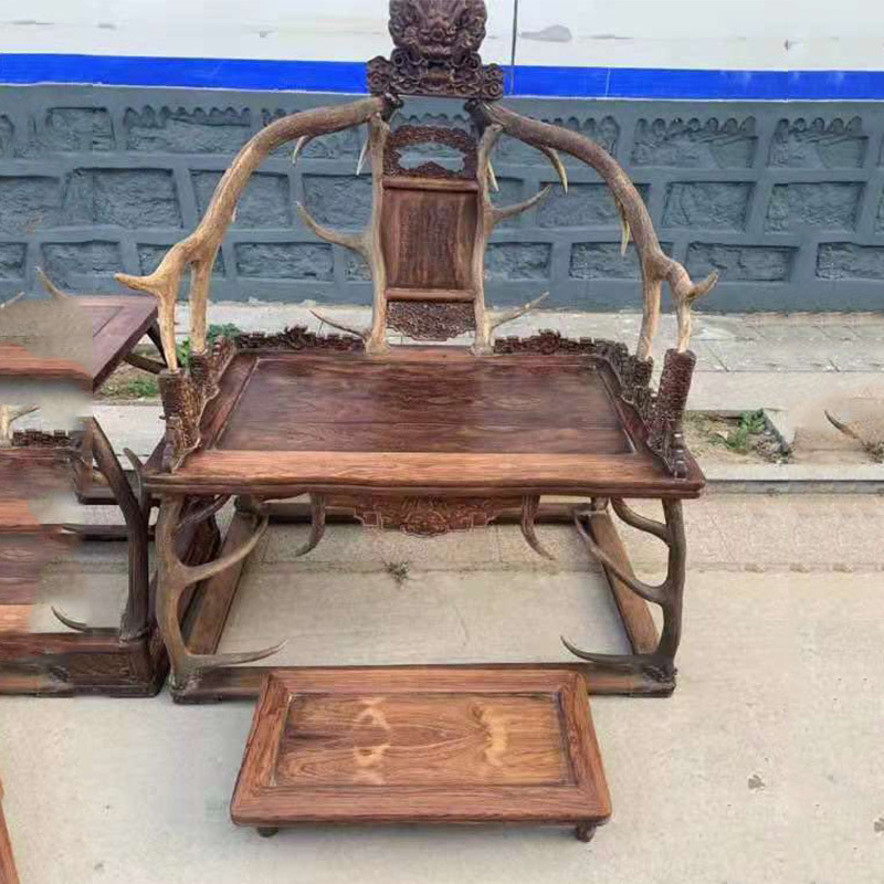 厂家定制大叶黄花梨座椅 旧鹿角椅花梨休闲桌五件套实木家具