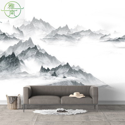 中式电视背景墙壁纸现代简约客厅山水图案墙纸无缝墙布沙发墙壁布