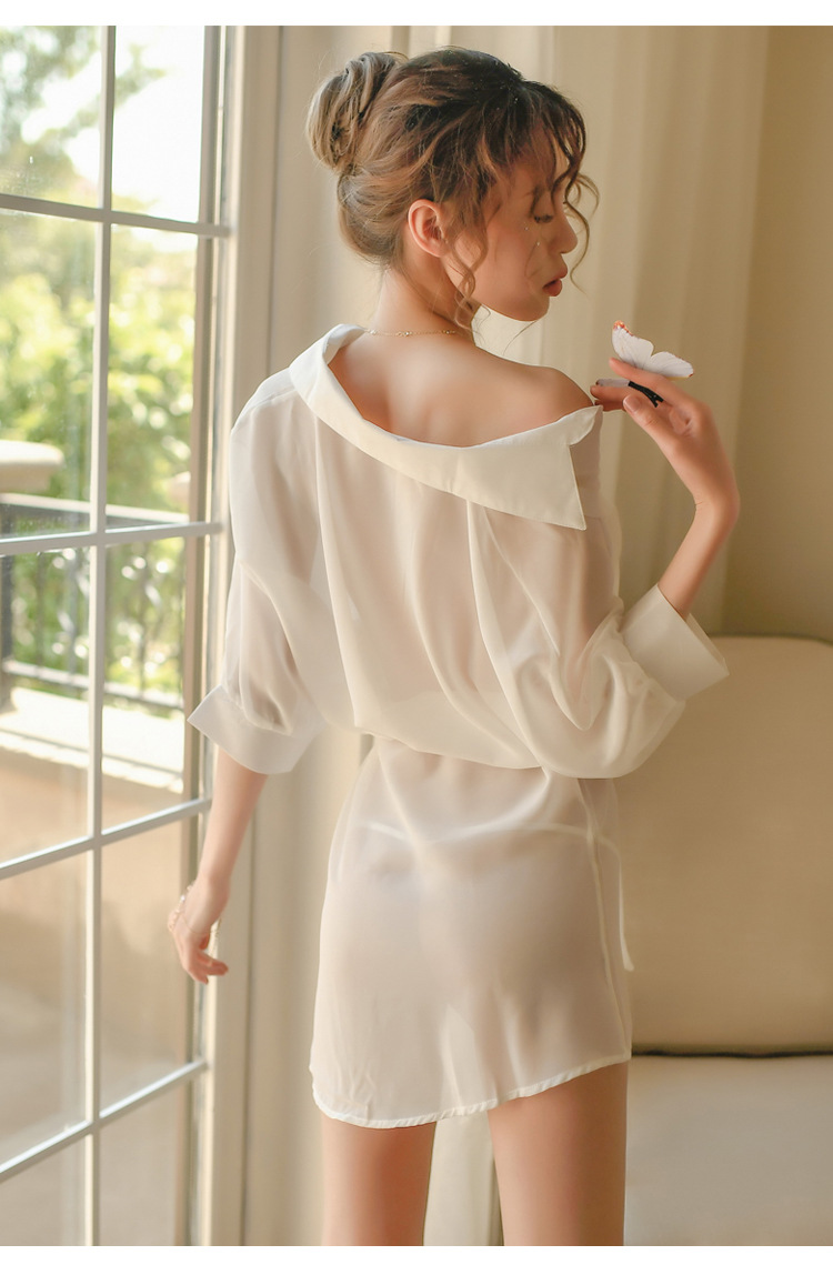 情趣内衣韩版衬衣透视装透明雪纺性感睡衣女夏季长款白色腰带衬衫