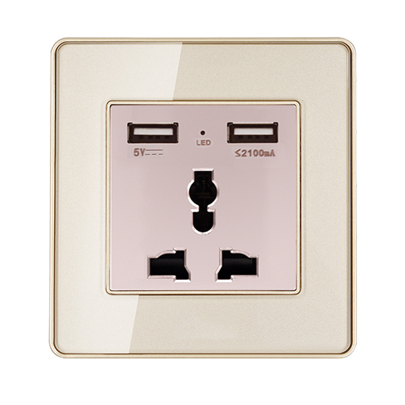 外贸专供英规三孔带usb插座13a英式英标电源插座面板钢化玻璃金色