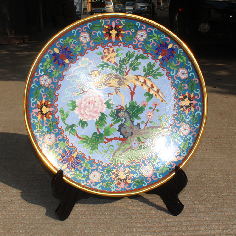 北京景泰蓝八十年代老货传统铜胎掐丝珐琅摆件磨光17寸圆盘