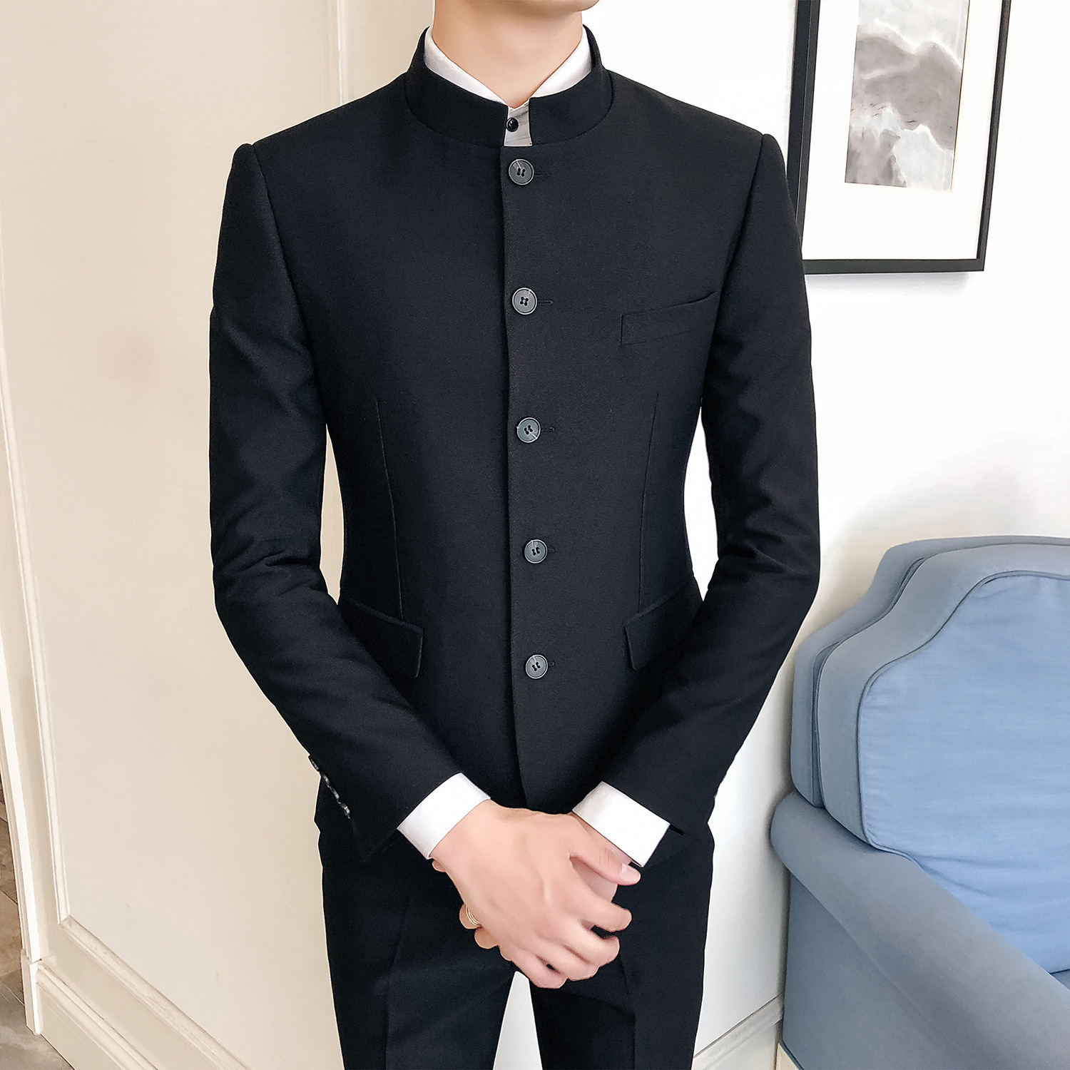 韩版男式商务修身立领中山装西服套装批发男士单排扣西装三件套男