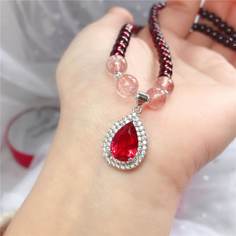 新款天然石榴石项链红锆石微镶水滴吊坠毛衣链锁骨链节日礼物批发