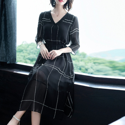 真丝连衣裙长款过膝长裙女夏遮肚宽松显瘦桑蚕丝2019新款裙子