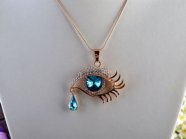 【工厂直销】cgc3578 时尚气质百搭水晶蓝色天使之泪吊坠毛衣链