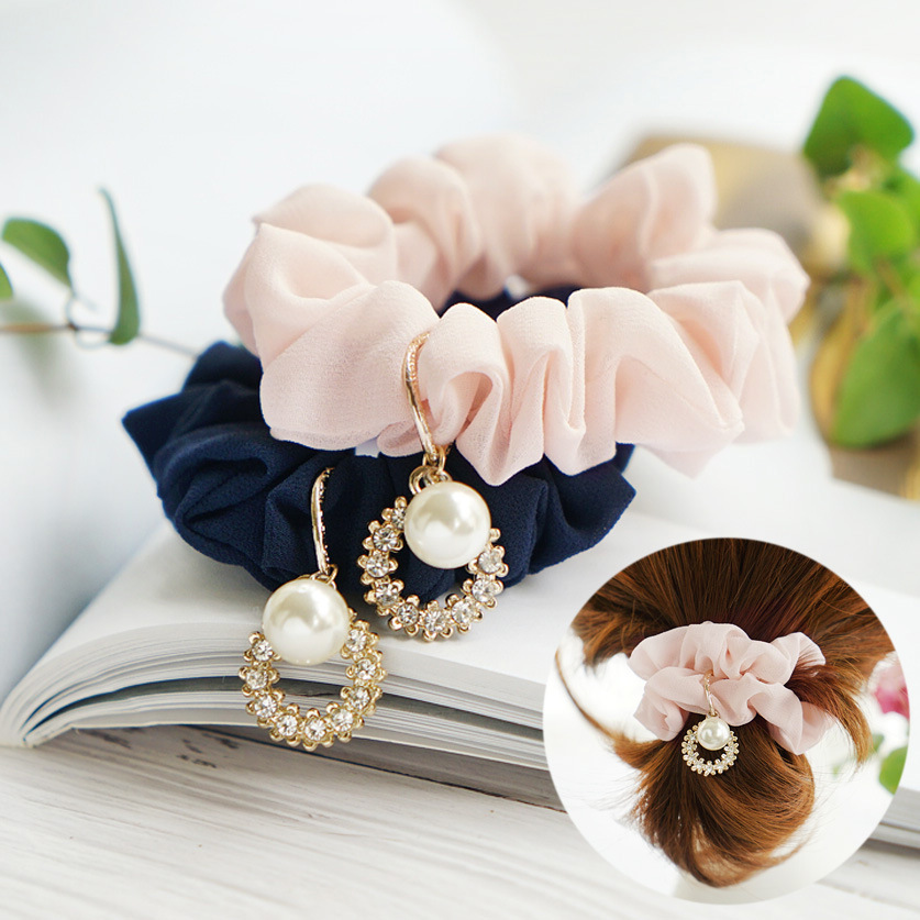 日韩清新优雅精致雪纺布艺发圈 女网红珍珠水钻吊坠韩国大肠发圈