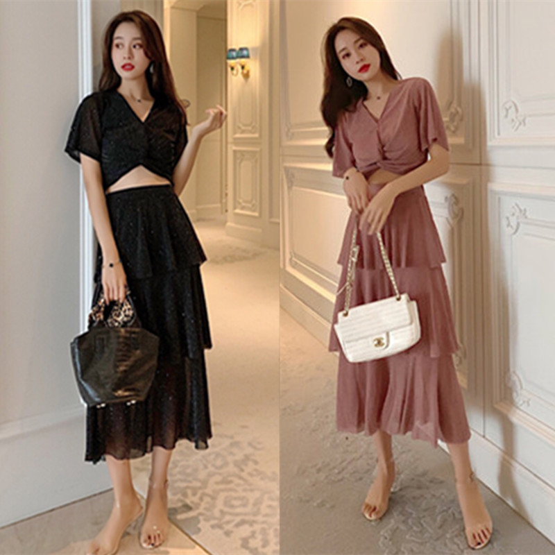 实拍 夏季网红韩版v领亮片扭褶喇叭袖上衣 高腰蛋糕裙半身裙套装