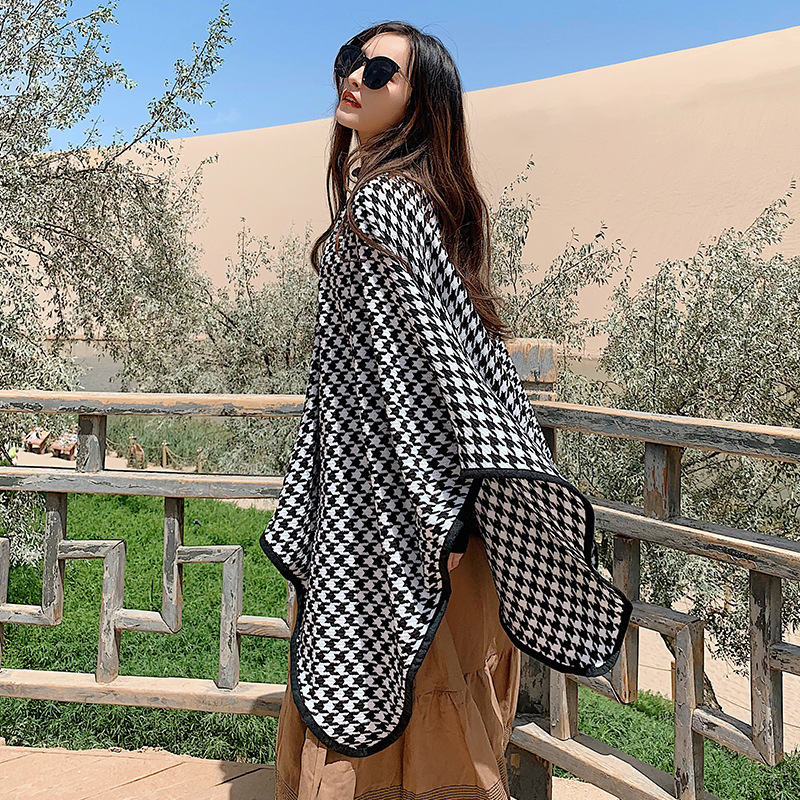 Women's Cashmere-like Split Scarf Large Cape Summer Office Black and White Houndstooth Shawl Sun Protection Keeping Warm Dual-Use