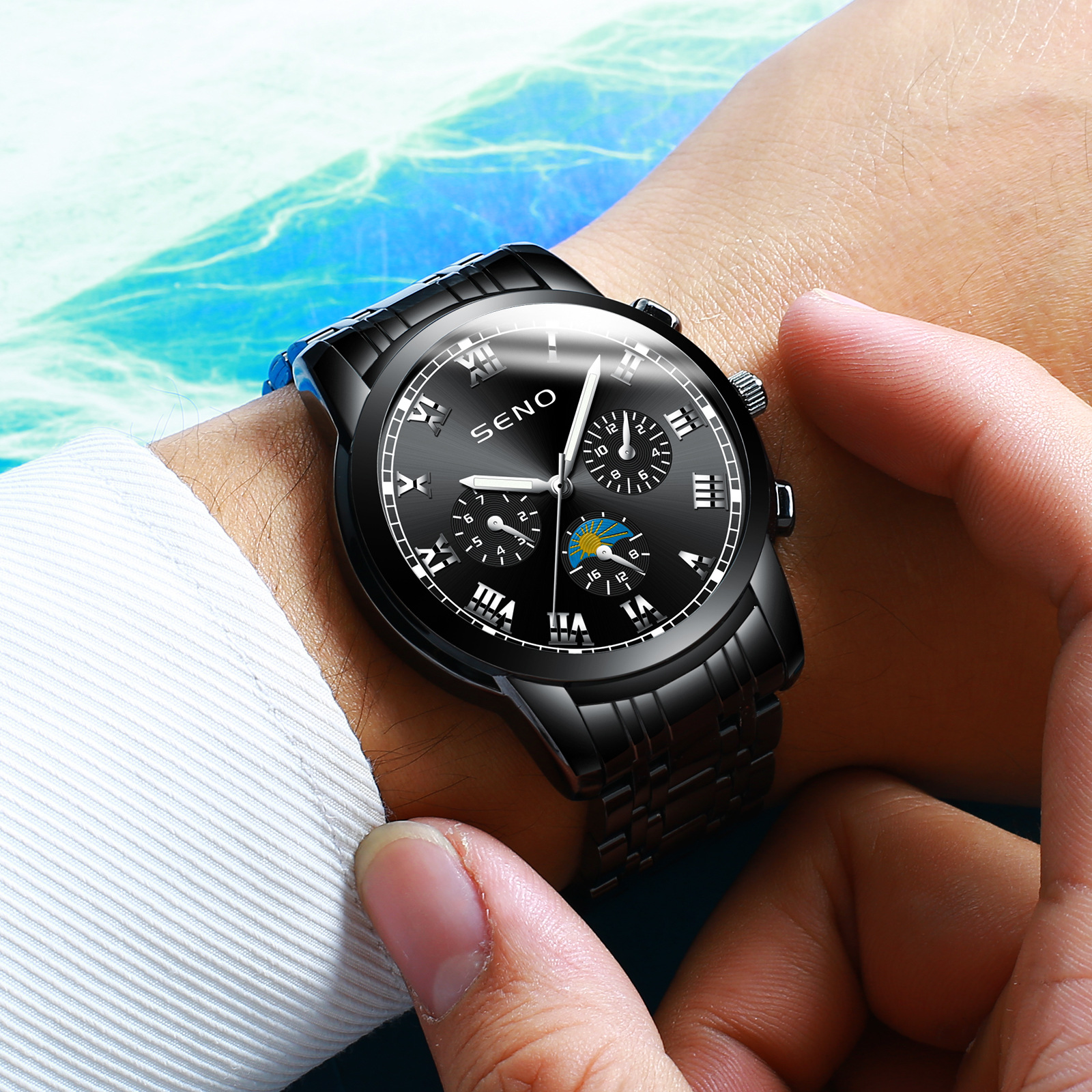seno爆款日月星辰手表男士新款石英电子表防水日历夜光精钢腕表