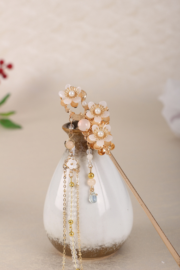 宇辰原创手工汉服古装头饰发簪步摇头饰长流苏古风镀金色陌上桑女