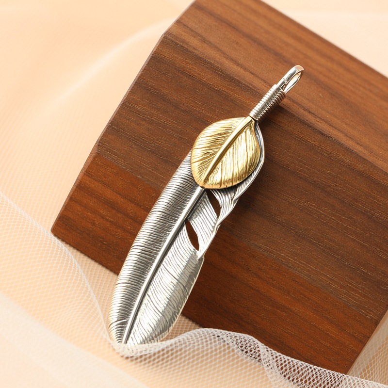 纳福阁银饰批发 日韩高桥做旧925纯银羽毛吊坠 男款复古泰银项坠